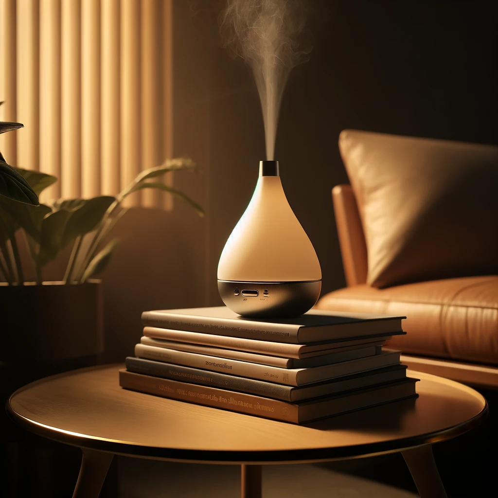 A diffuser on some books sitting on a table in a cozy living room
