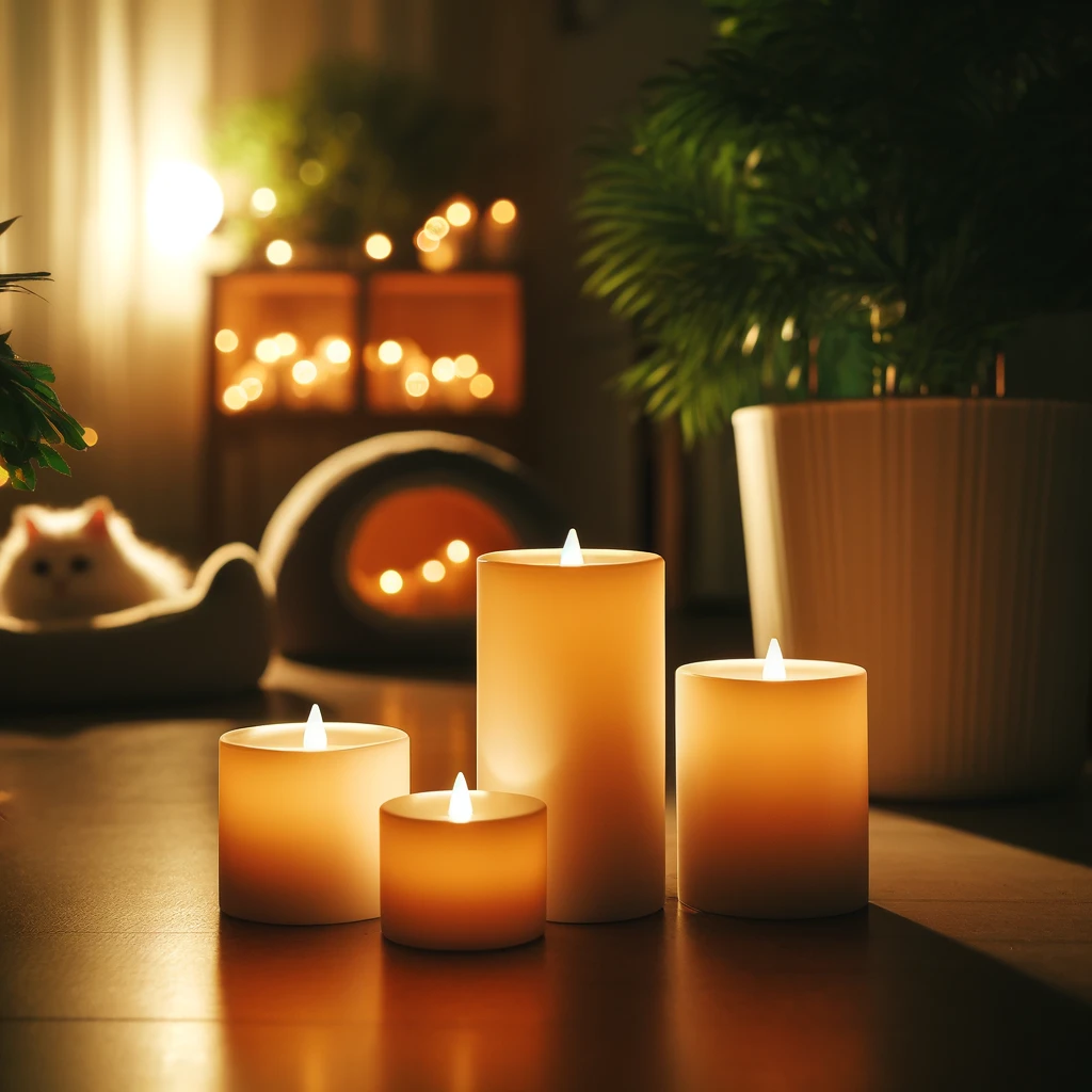 Close-up image of a cozy, warm scene featuring several fake, white candles on the floor, with a soft glow. In the background, there's a green plant and a cat bed, slightly blurred to add depth and enhance the sense of comfort and warmth.