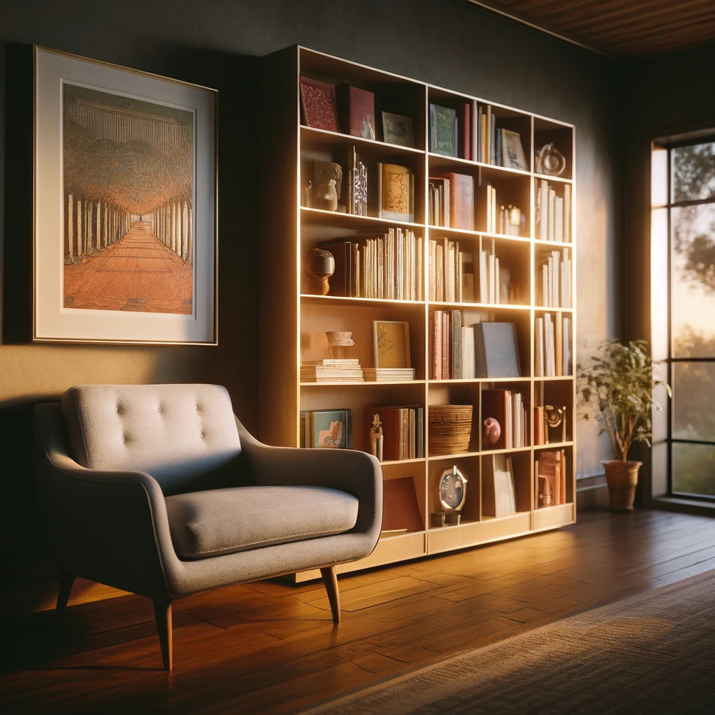 A scene with a well-decorated bookcase with an armchair next to it