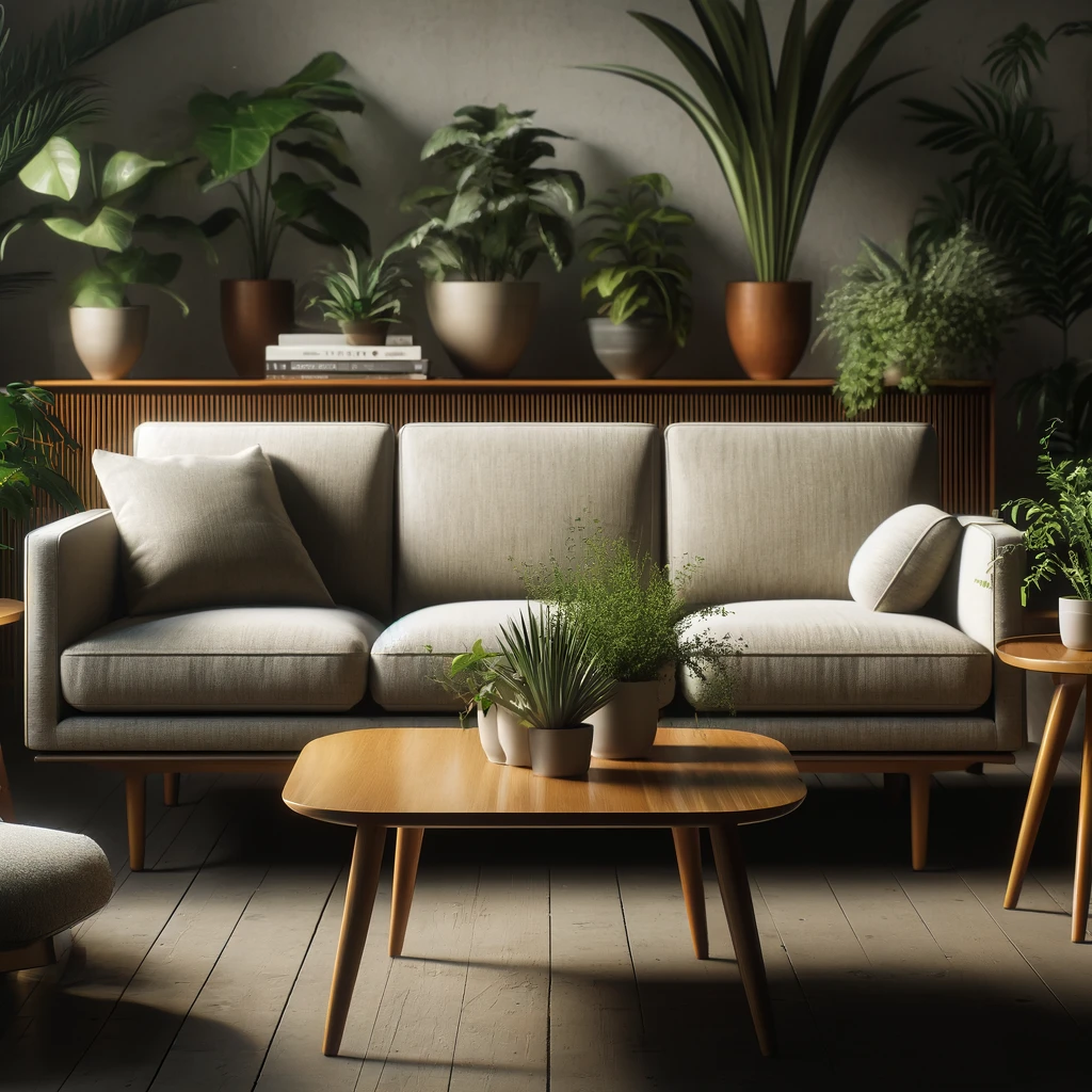 Living room scene with a grey couch surrounded by indoor plants