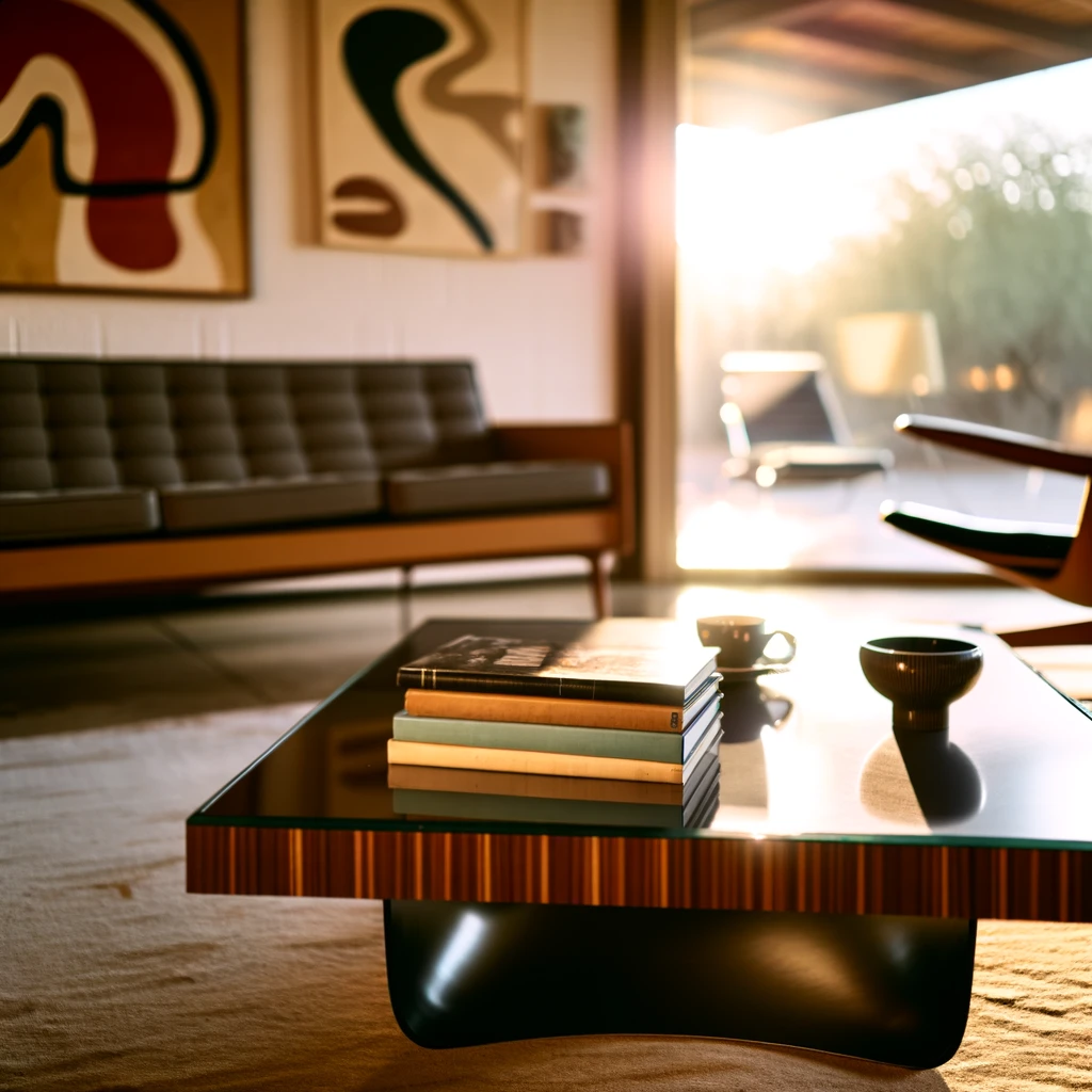 A warm scene of books stacks on a coffee table with a sofa in the background