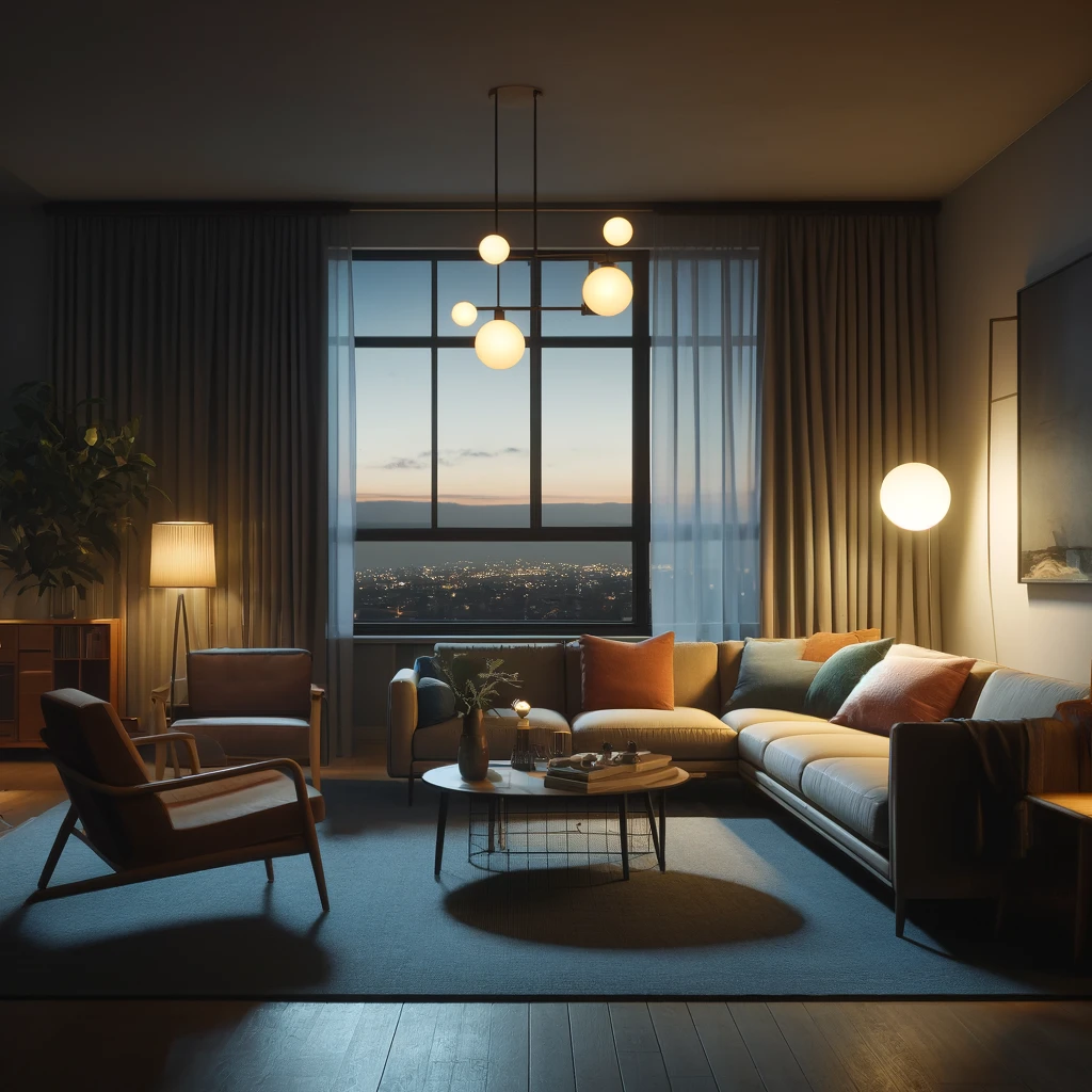 A cosy mid-century modern living room with warm lighting 